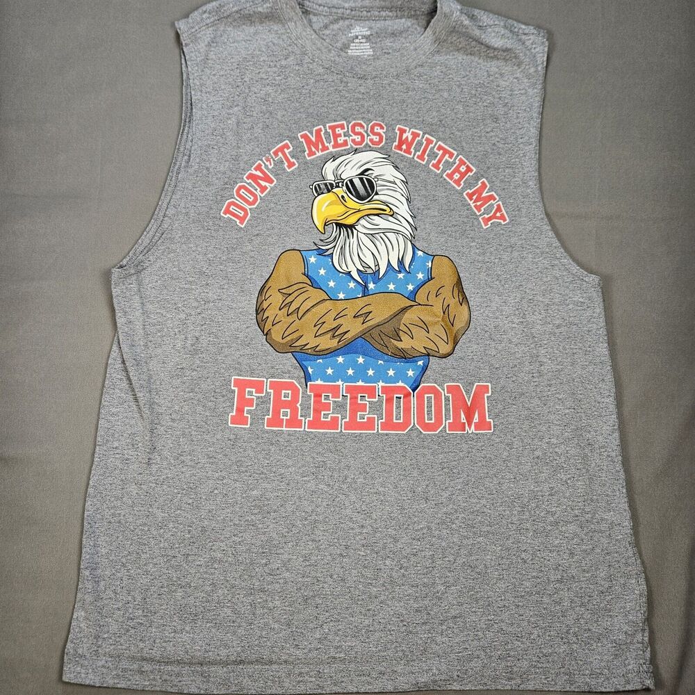 Patriotic USA Don't Mess With My Freedom Sleeveless T-Shirt Size Med Gray Eagle